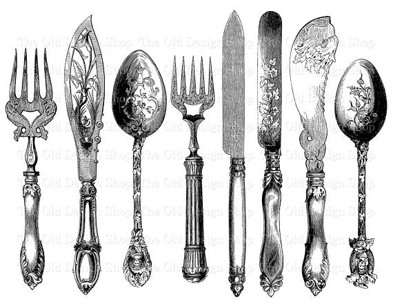 Vintage Cutlery Printable Fork Knife Spoon Clip Art.