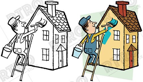 A house painter on a ladder paints a house a new color.
