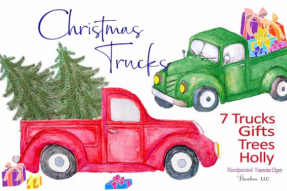 Red Truck Clipart, watercolor.
