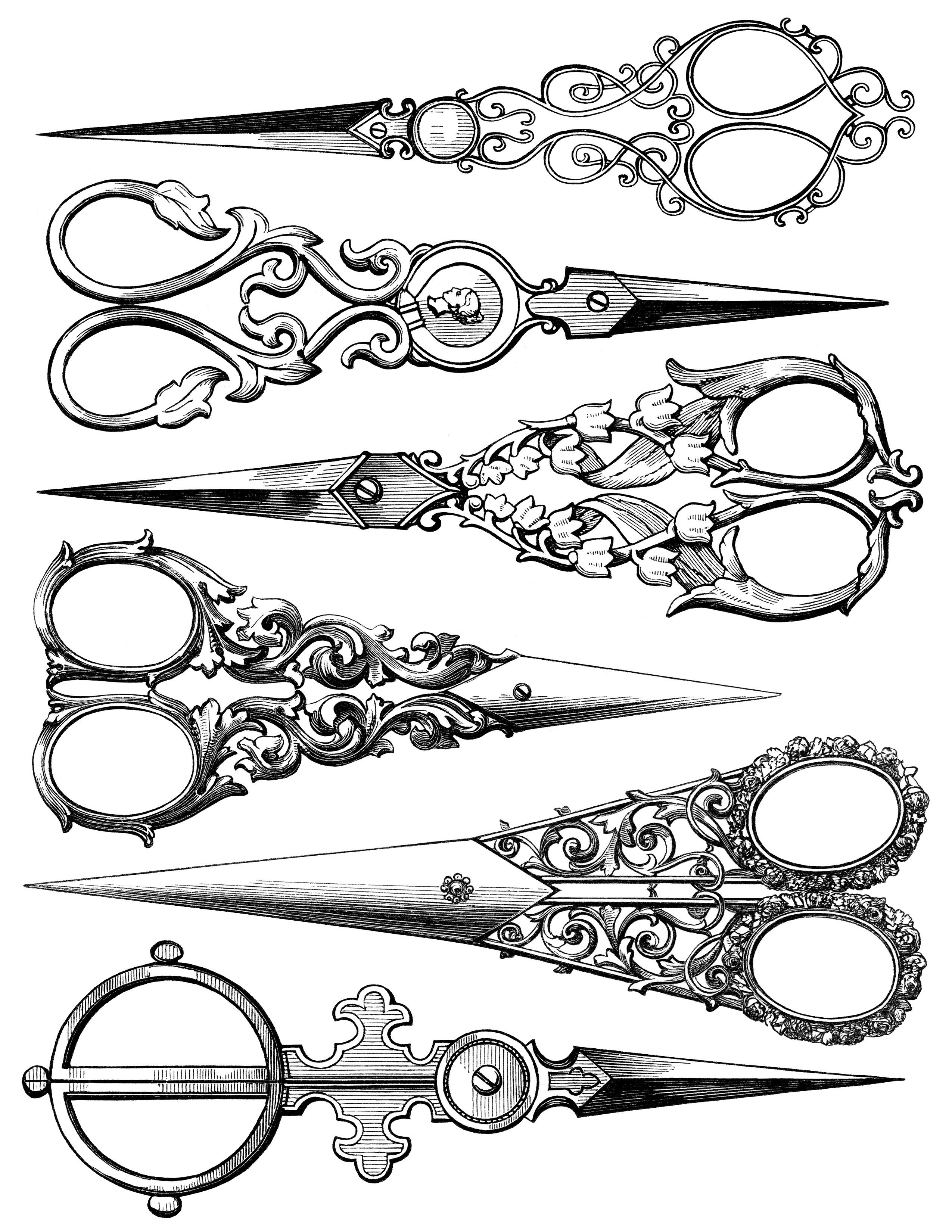 vintage sewing clipart, black and white clip art, old.