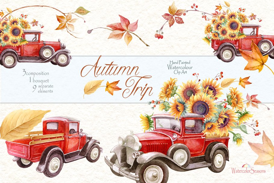 Red Truck with Sunflowers clipart ~ Graphics ~ Creative Market.