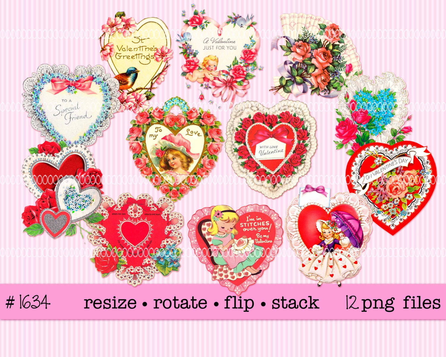 Vintage Valentines hearts lace ribbons roses.