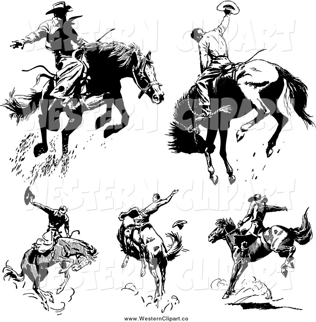 Vector Clip Art of Black and White Retro Rodeo Cowboys on.