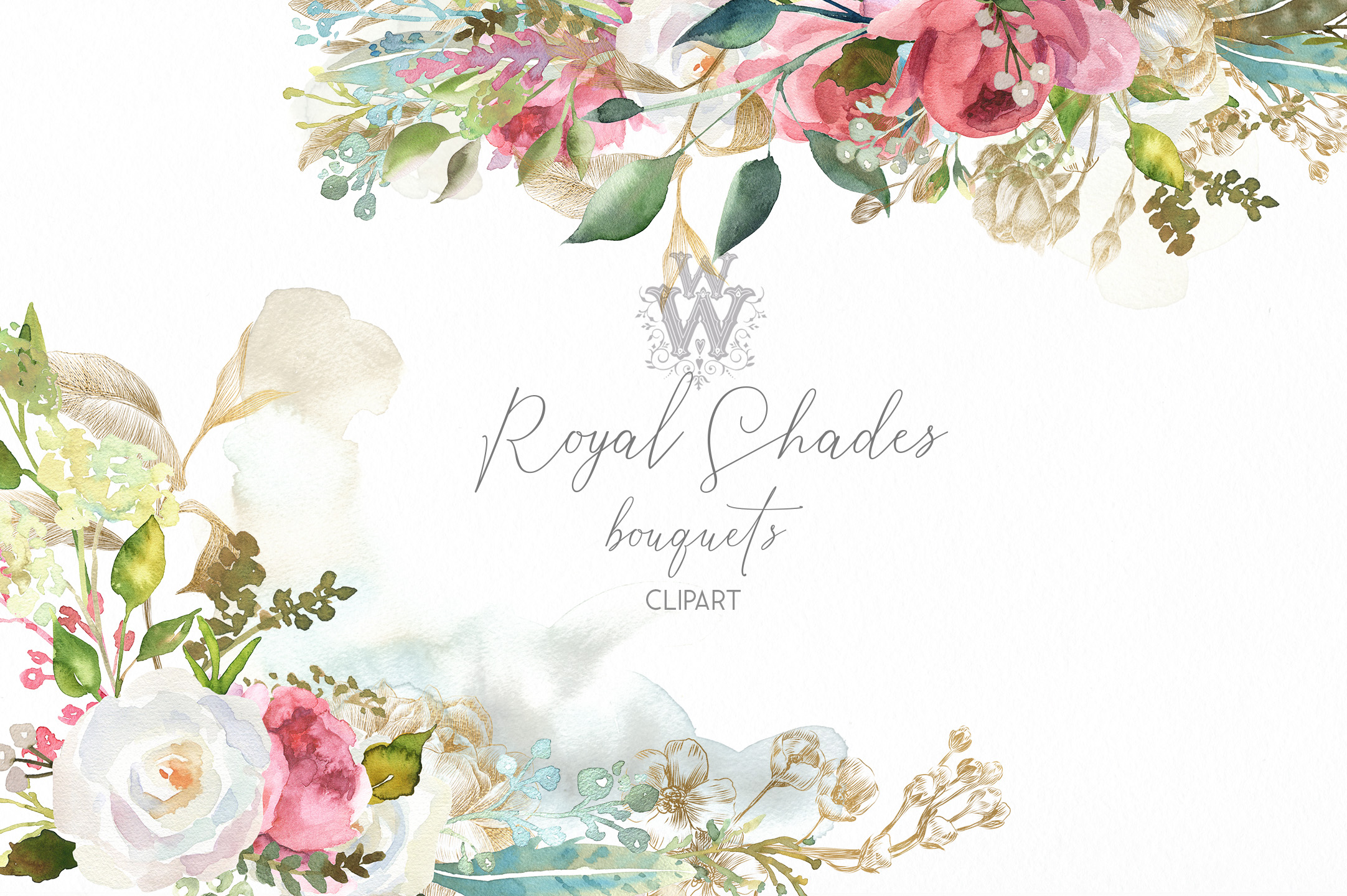 Watercolor rustic wedding bouquets clipart, vintage wreath.