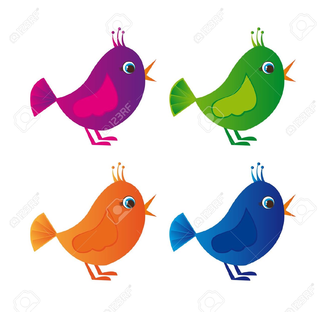 Violet,green, Orange, Blue Colorful Birds Isolated Over White.