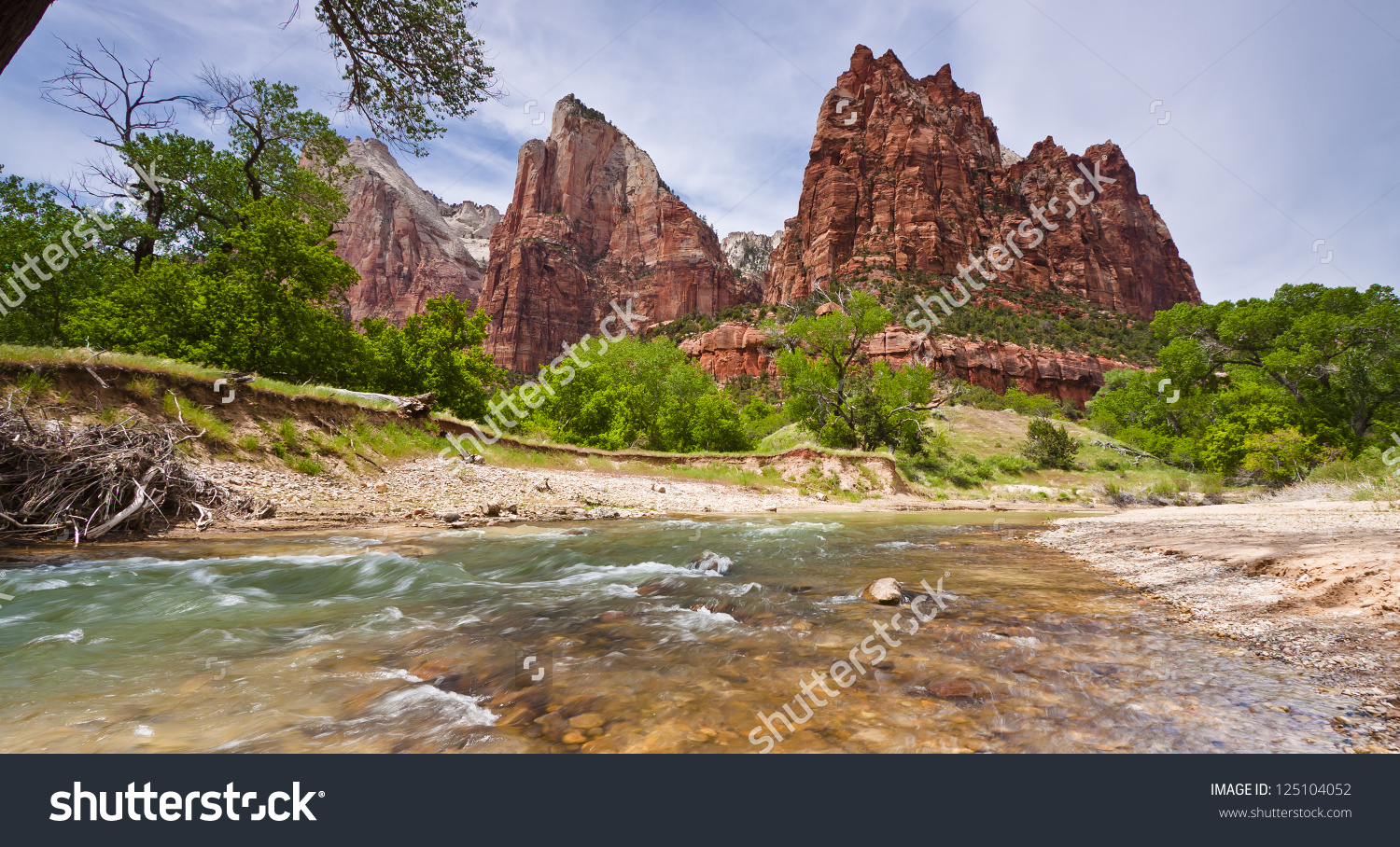 Court Of The Patriarchs And Virgin River In Zion National Park.