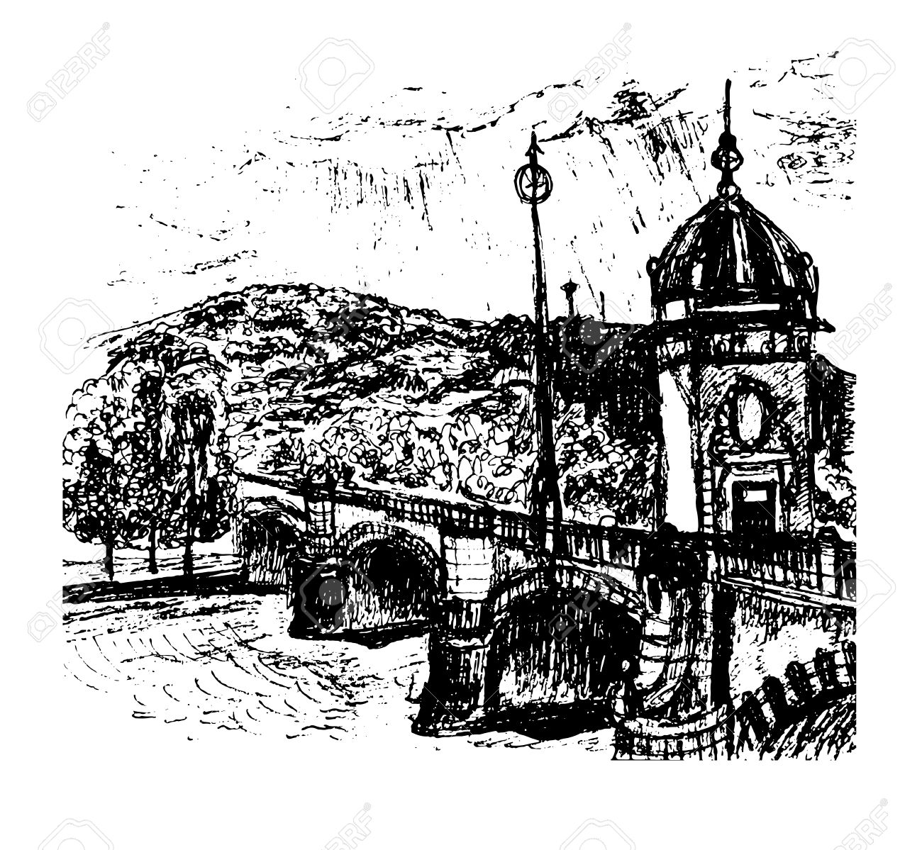 View Of The Old Bridge With A Tower Over The Vltava River And.