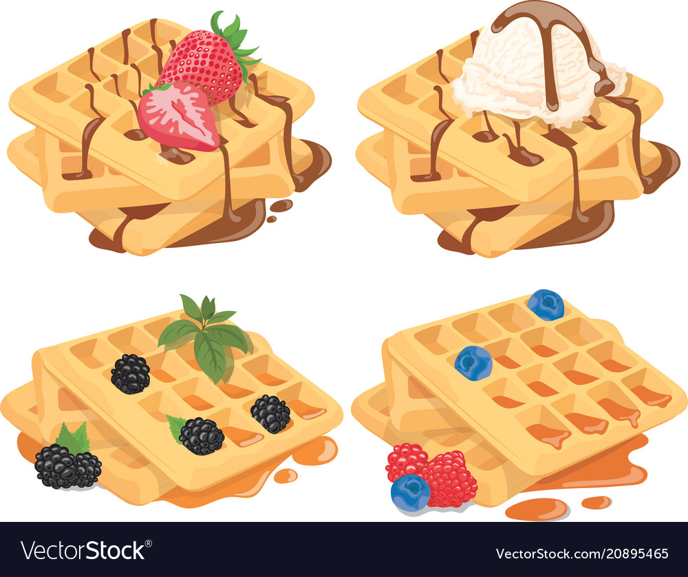 Collection of belgian waffles with fruit fillings.