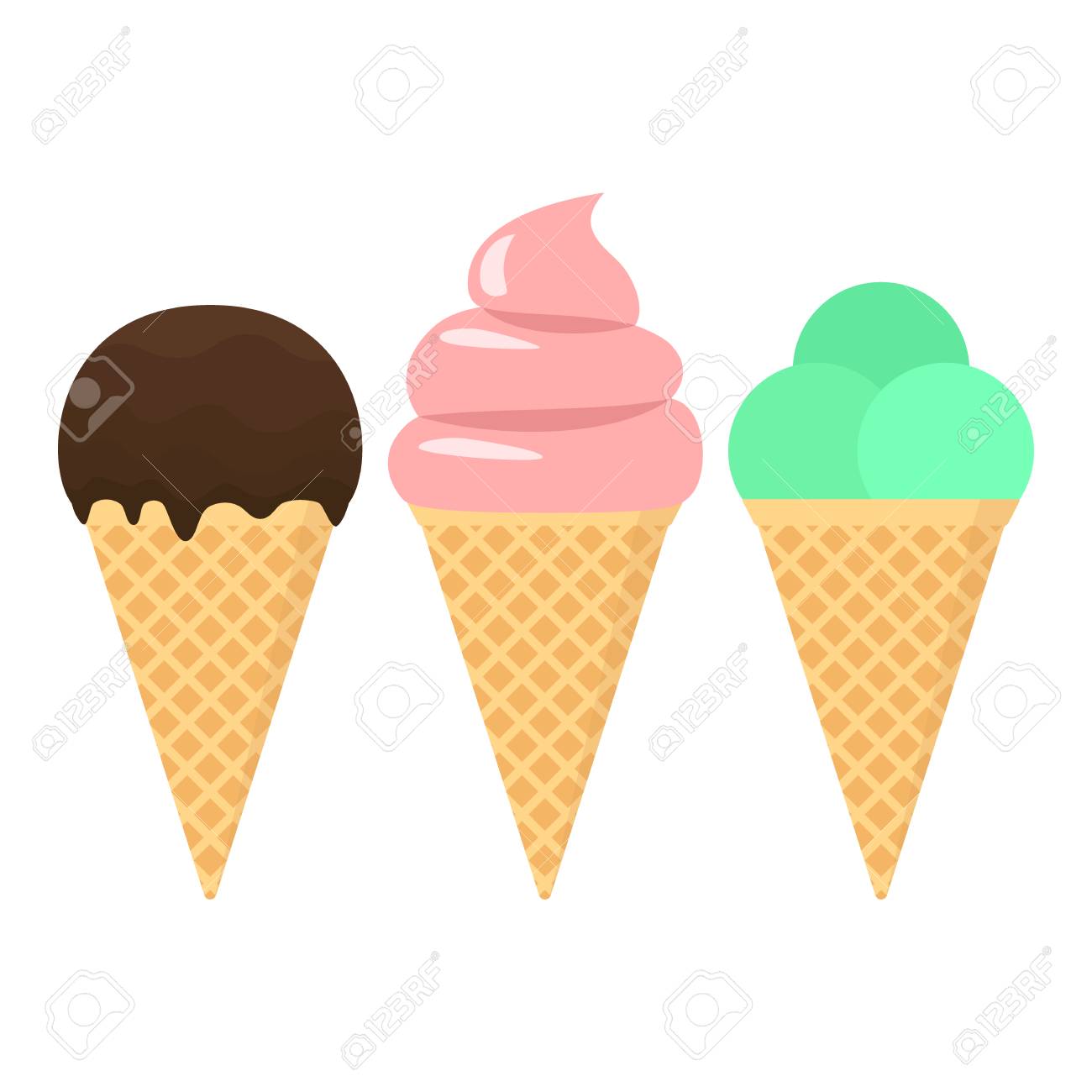 Chocolate, mint and pink ice cream vector clipart cartoon. Waffle...