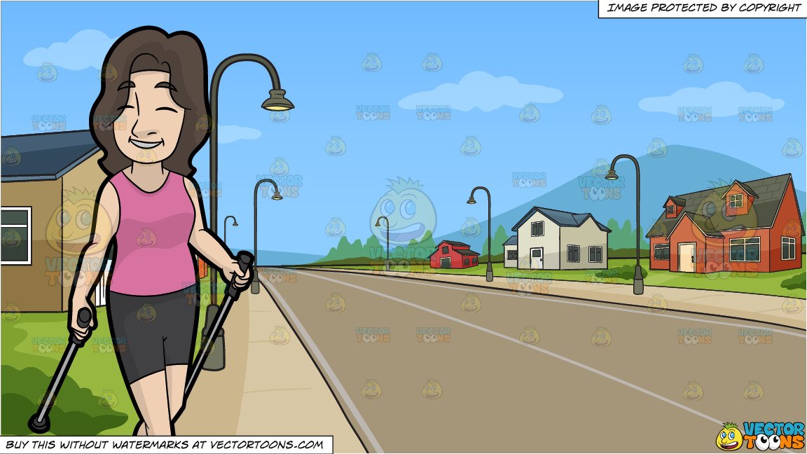A Joyful Woman Doing A Nordic Walk and A Neighborhood Subdivision Background.