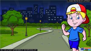 A Male Primary School Student Taking A Brisk Walk and A Park In The Middle  Of The City At Night Background.