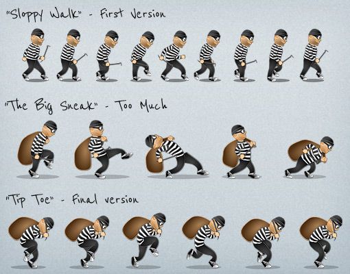 Different versions of the sneaky walk cycle from Happi & The.