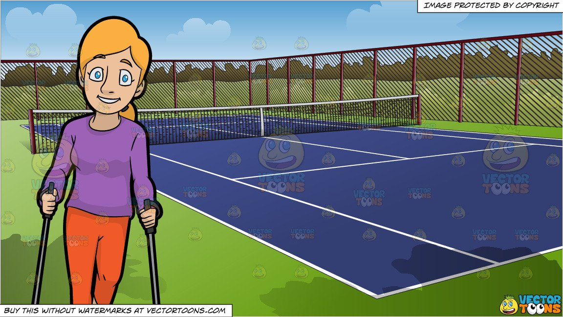A Cute Female Nordic Walker and Outdoor Tennis Court Background.
