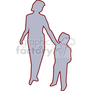 Silhouette of a mother and a child walking clipart. Royalty.