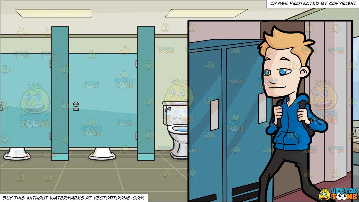 A Male High School Student Walking Towards The Locker Area and A Public  Bathroom With Cubicles Background.
