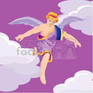 An Angel Wearing Purple Walking in the Clouds clipart. Royalty.