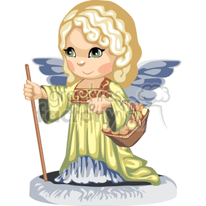 A little girl angel walking with a staff carrying a basket of apples  clipart. Royalty.