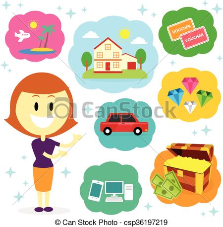Vector Clip Art of Woman and The Prizes She Wants to W.