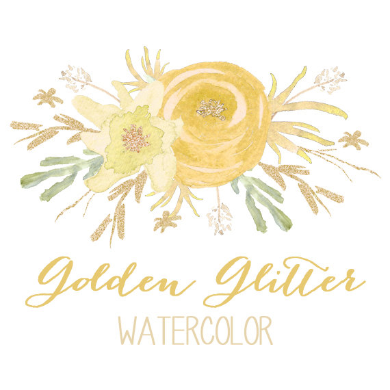 In peaches and corals. Gold Glitter Watercolor Flower Clipart.