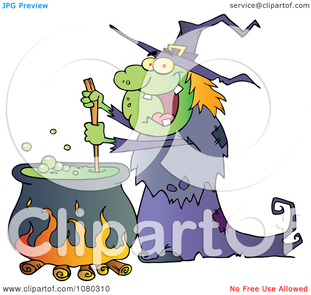Clipart Warty Halloween Witch Stirring A Potion In A Cauldron.