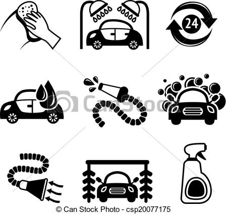 Vectors Illustration of Car wash icons black and white.