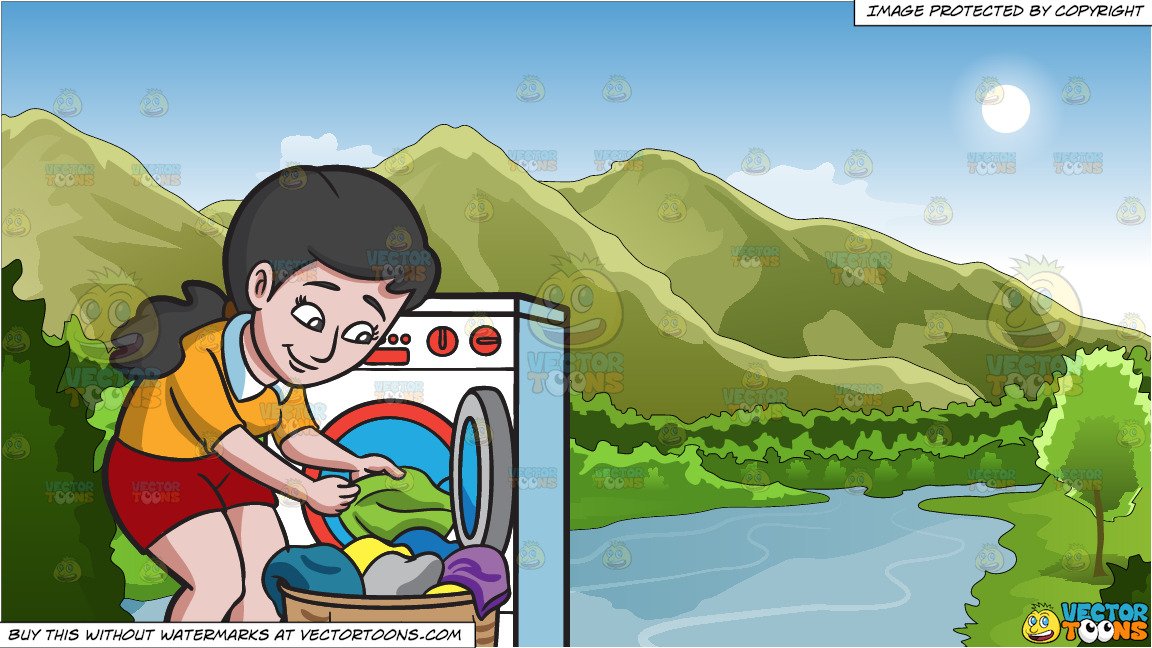 A Woman Taking Out Her Washed Clothes and Mountains And River Background.