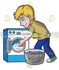 A Man Places The Clothes In The Washing Machine.