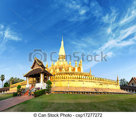 Picture of Laos travel landmark, golden pagoda wat Phra That Luang.