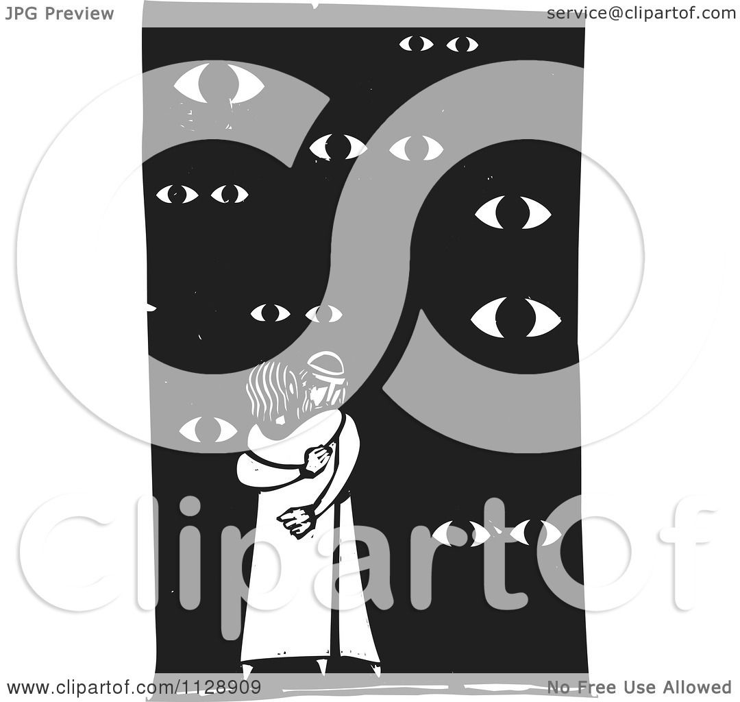 Clipart Of A Woodcut Of Eyes Watching A Couple Hugging In Black.