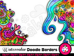 Vibrant Watercolor Doodle Borders.