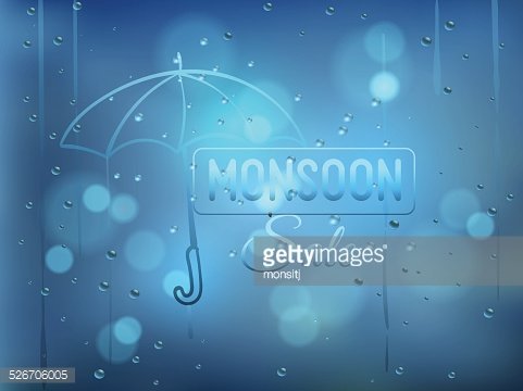 Monsoon offer and sale background with water drops on window.