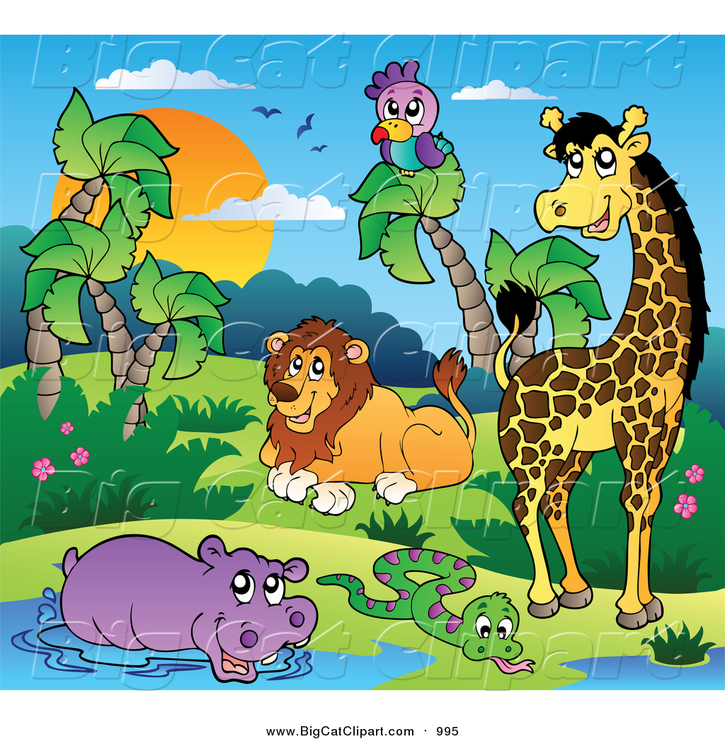 Big Cat Cartoon Vector Clipart of African Animals by a Water Hole.
