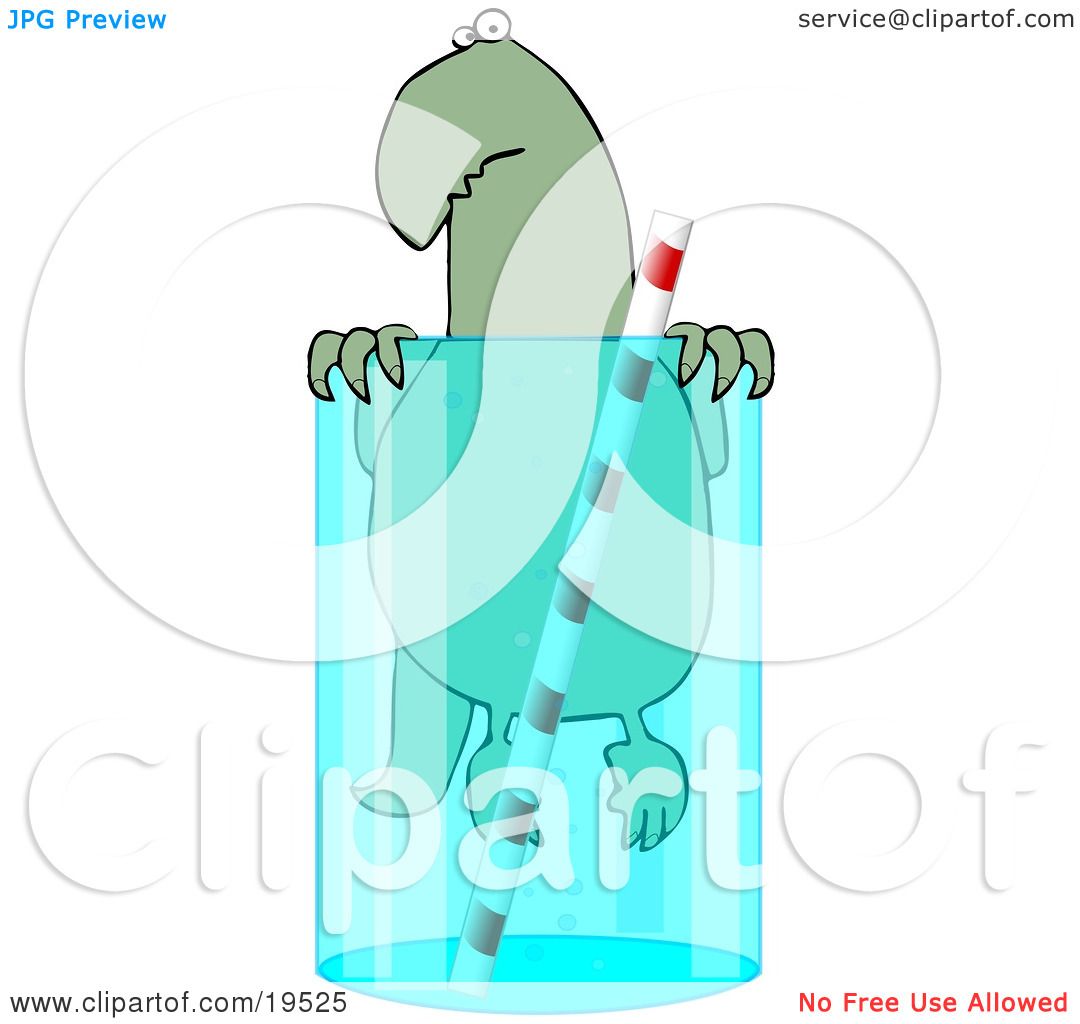 Clipart Illustration of a Cute Green Dinosaur Swimming In A Glass.