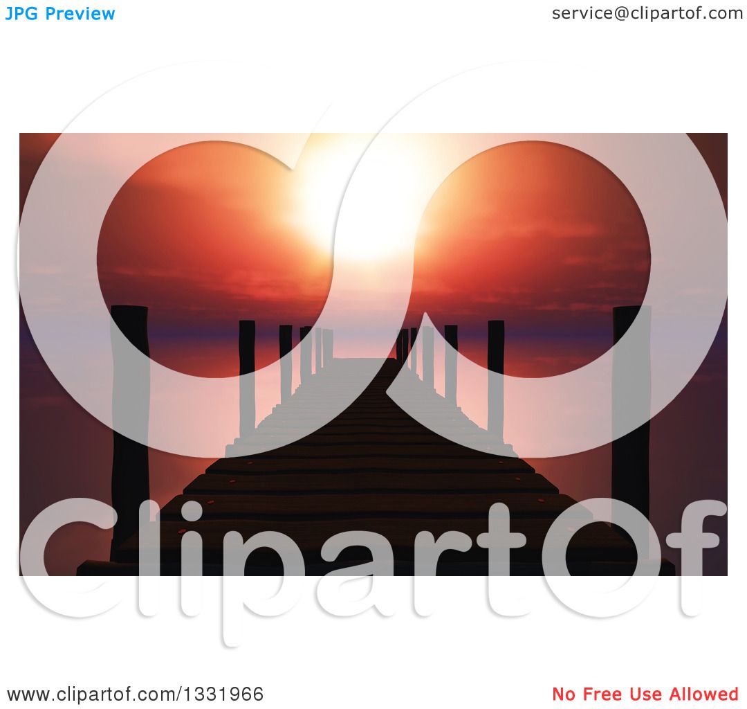 Clipart of a Red Sunset over a Silhouetted 3d Pier or Dock and.