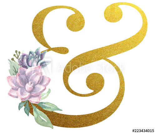 Watercolor Monogram Alphabet Ampersand Gold Foil.