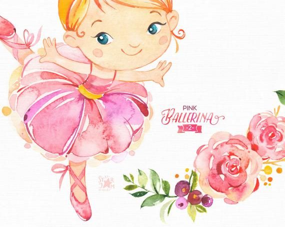 Pink Ballerina 2. Watercolor clipart, little girl, ballet.