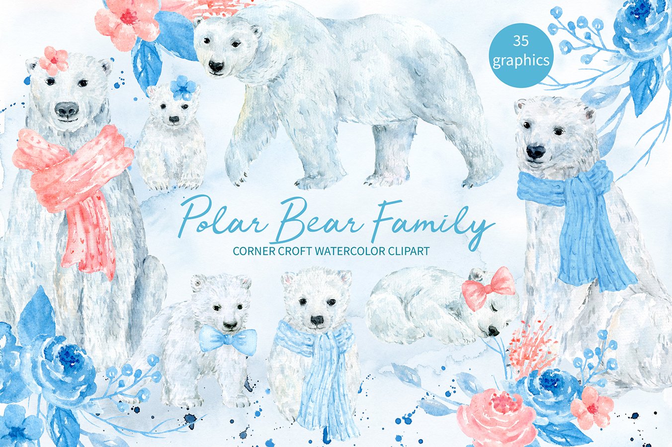 Watercolor polar bear family clipart for instant download.
