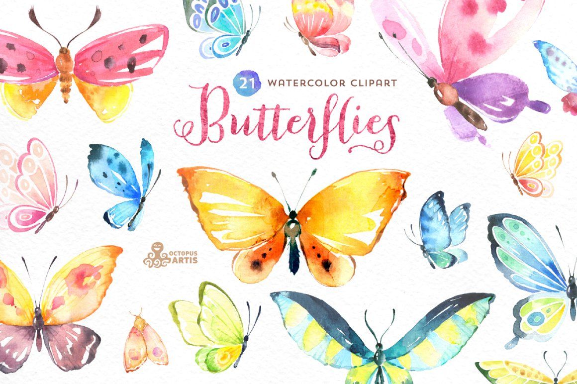 Butterflies Watercolor Set greeting clip art invitation.