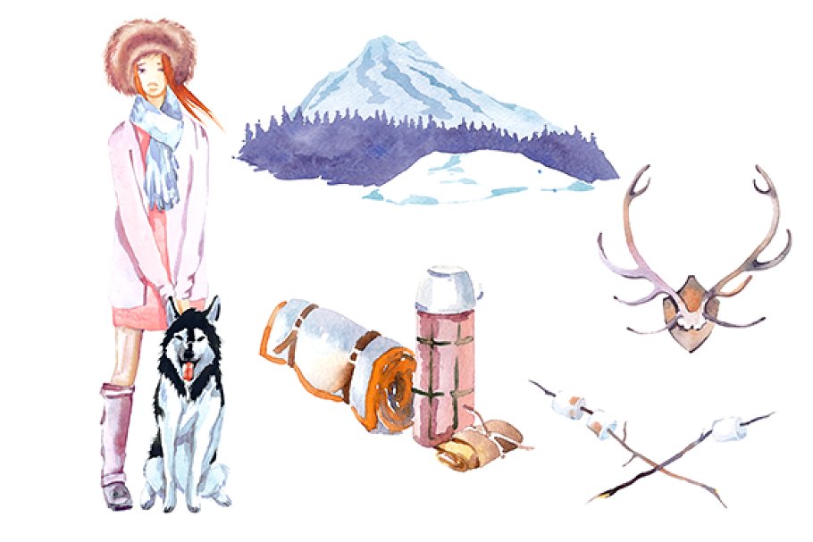 Winter Camping watercolor clipart ~ Illustrations ~ Creative.