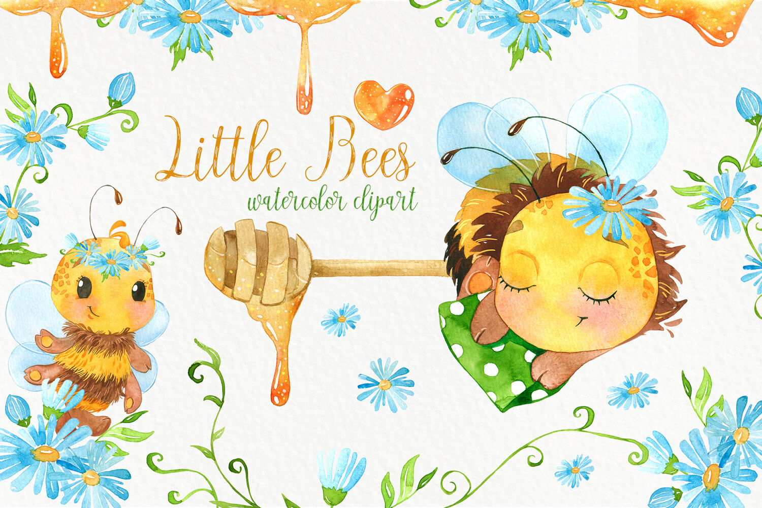 Bees. Cute bee watercolor clipart. Baby animals clip art.