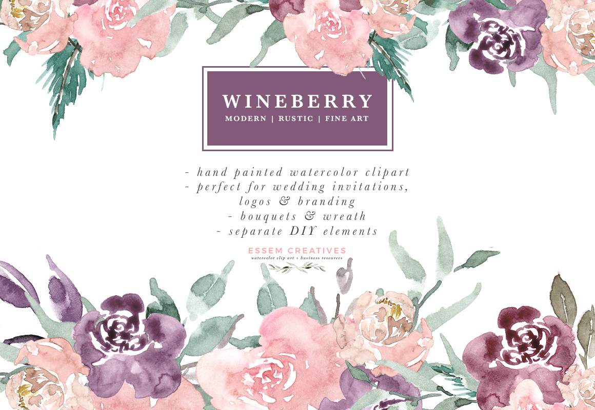 Wine Berry Burgundy Watercolor Flowers Clipart, Watercolor Bouquets Wreaths  for Wedding Invitations & Logo.