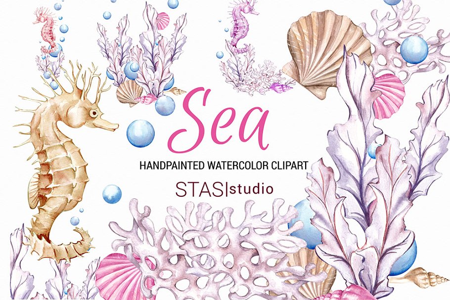 Ocean Watercolor Clipart Seahorse.