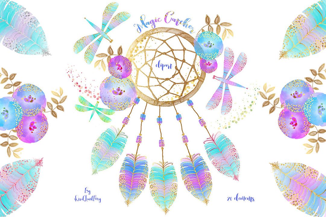 Dream catcher clip art, digital watercolor clipart, feathers with gold  confetti, flowers, dragonflies, Translucent and neon effects, magic.