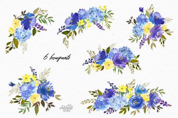 Royal Blue Watercolor Floral Clipart.