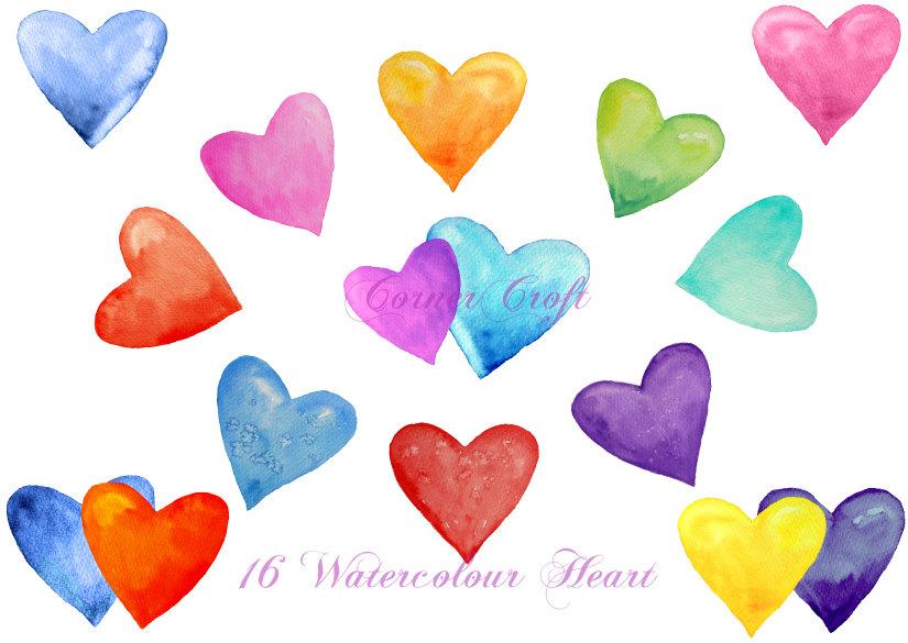 Watercolour hearts red, pink, blue, purple instant download, Valentine  Clipart.