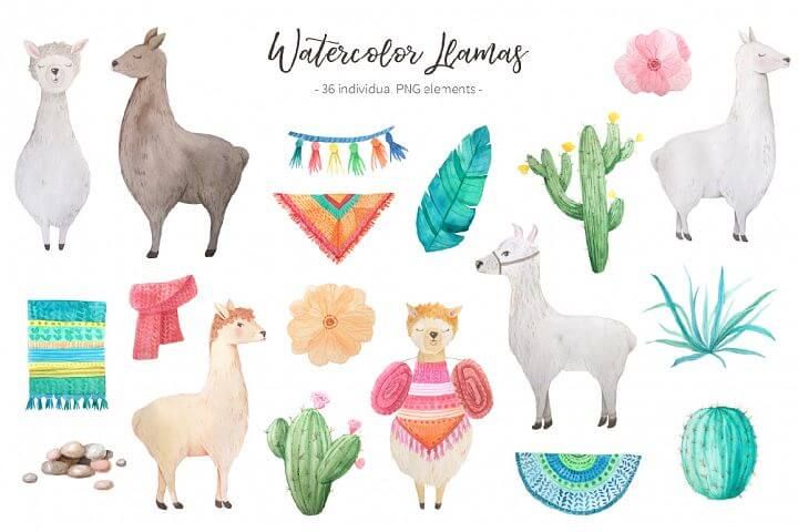 free watercolor llama clipart bundle.