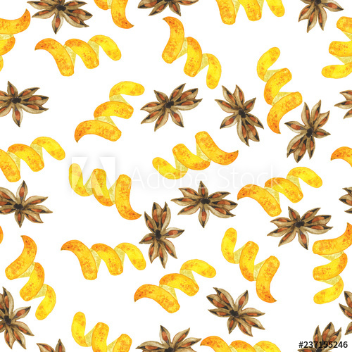 Seamless pattern with anise stars and orange peels on white.