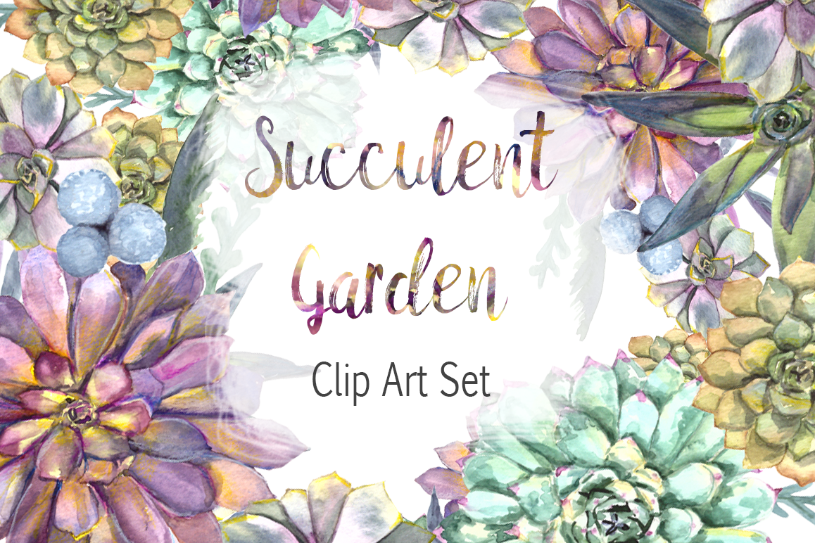 Watercolor Succulent Garden Clip Art Set.