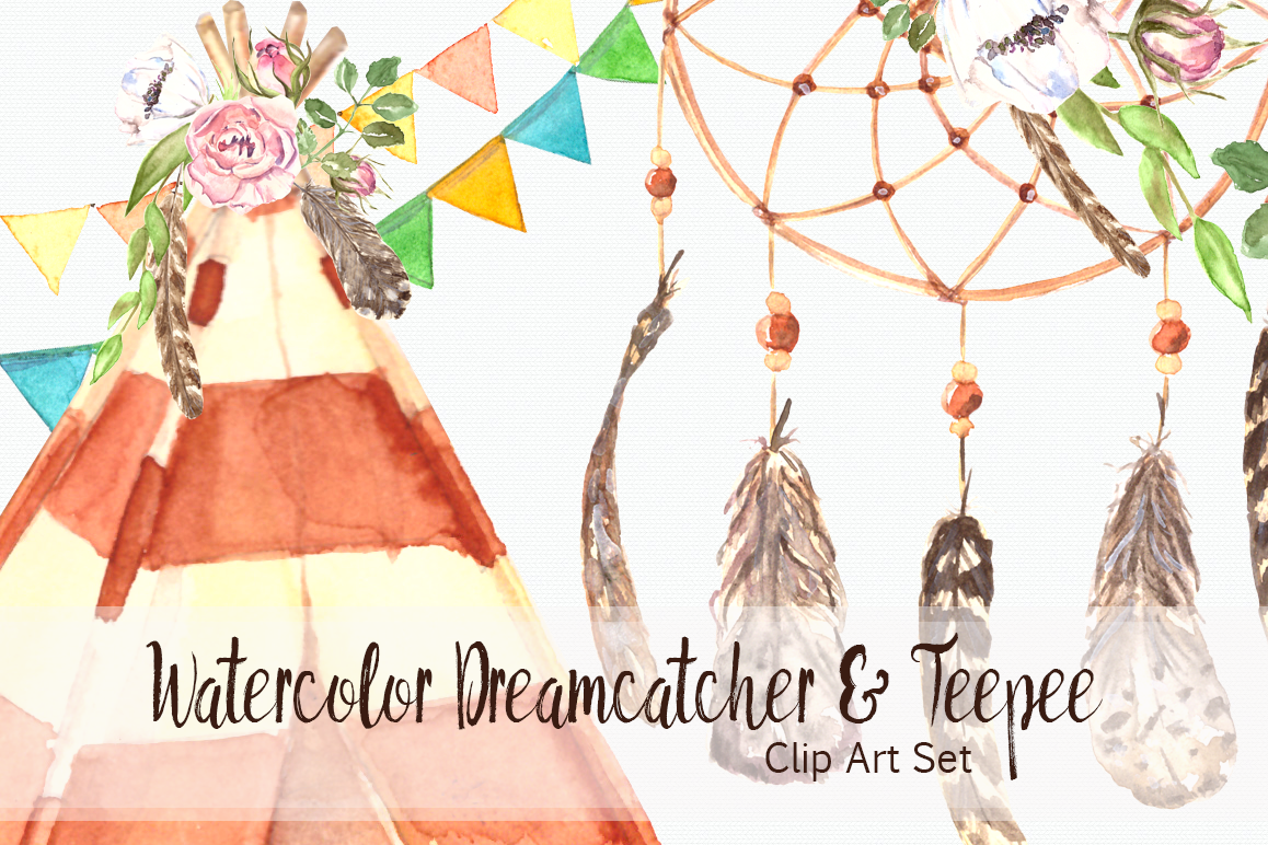 Watercolor Dreamcatcher & Teepee Clip Art Set.
