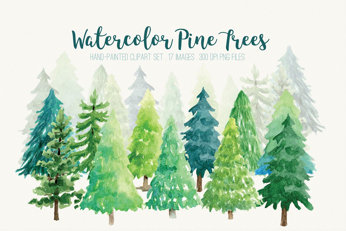 Watercolor Pine Trees Clip Art.